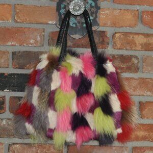 Multicolour Genuine Fur Patchwork Handbag Purse